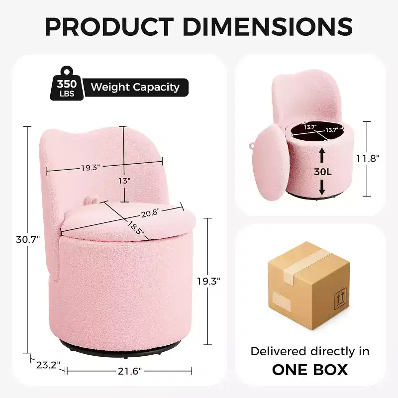 Swivel Vanity Chair with Storage, Upholstered Round Makeup Stool Accent Chair with Back, Soft Padded Seat for Bedroom Living Room