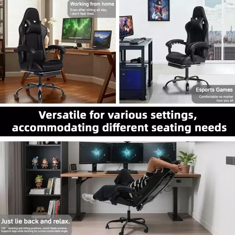 PU Gaming Chair with Reclining Backrest and Retractable Footrest, High Back Swivel Computer Desk Chair for Gamers & Home Office-Panipeachy