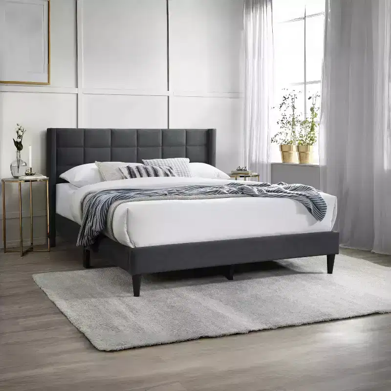 Modern Velvet Upholstered Platform Bed with Headboard