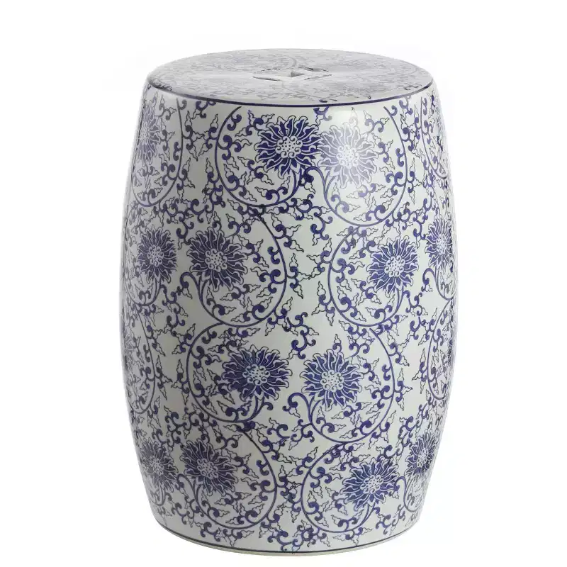 JONATHAN Y Lotus Blossom 17.5 Chinoiserie Ceramic Drum Garden Stool/Accent Table, Blue/White