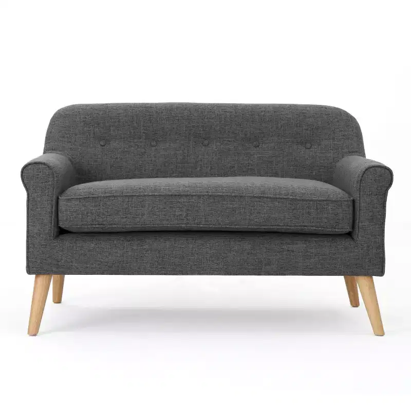 Mid-Century Modern Tufted Loveseat with Rolled Arms and Splayed Rubberwood Legs