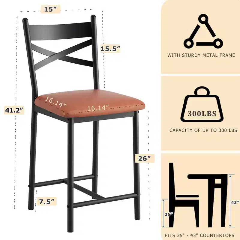 Bar Stools Set of 2, Counter Height Bar Chairs with Back and Thick Cushion, Upholstered Dining Chairs, Barstools for Kitchen Island, Dining Room