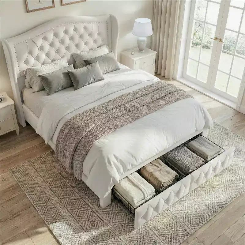 Queen Size Bed Frame with 2 Storage Drawers and Wingback Headboard