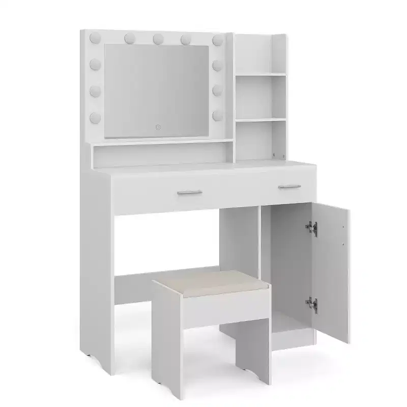 ALAULM Vanity desk w/3-Color LED Light, Mirror, Different Size Drawers&Stool, Modern style Makeup Vanity Set, for bedroom, White