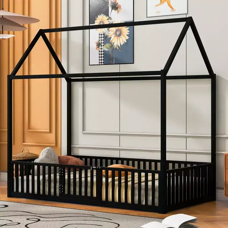 Metal Montessori House Bed with Door & Fence Rails, Kids & Toddlers, Twin/Full