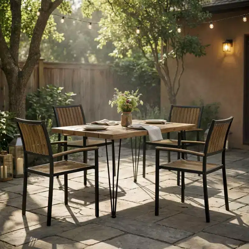 Christopher Knight Home Leif Modern 5 Piece Patio Acacia and Iron Dining Set with Square Table and Slatted Design