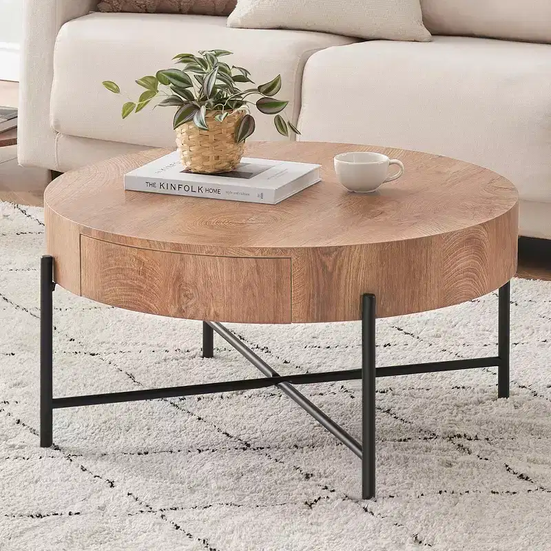 Round Wood Coffee Table with Drawer and Storage for Living Room