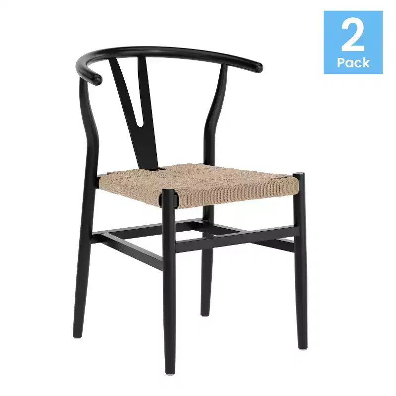 Merrick Lane Set of 2 Stack Dining Chairs with Y-Back Style Design, Solid Wood Frames, Woven Kraft Paper Rope Seats