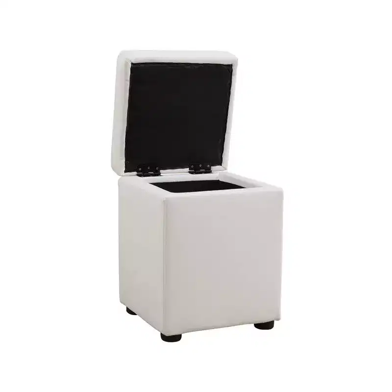 Square White Storage Ottoman with Faux Leather Upholstery