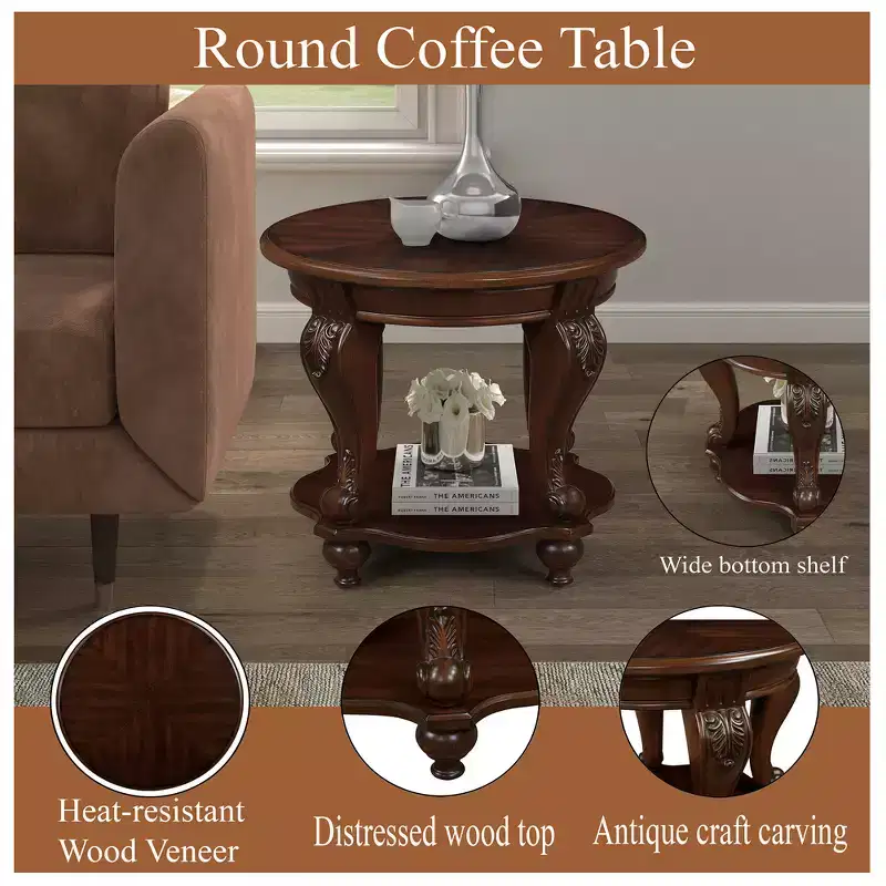 22in Retro Round End Table, Solid Wood Sofa Side Table with Shelf, Living Room Corner Table, Easy Assemble