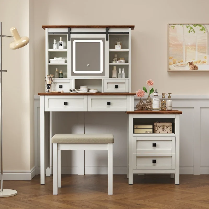 46.5 Farmhouse Makeup Vanity Desk with Adjustible LED Lighted Mirror and Charging Station for Bedroom