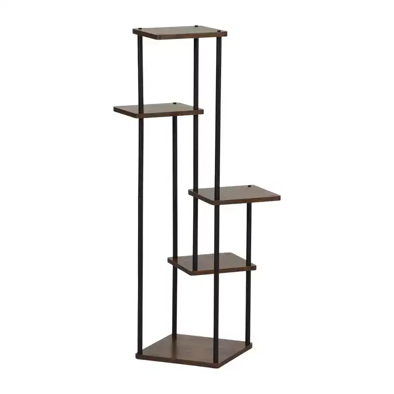 5-Tier Plant Stand with Rustic Brown Shelves and Black Metal Frame, Corner Display Rack