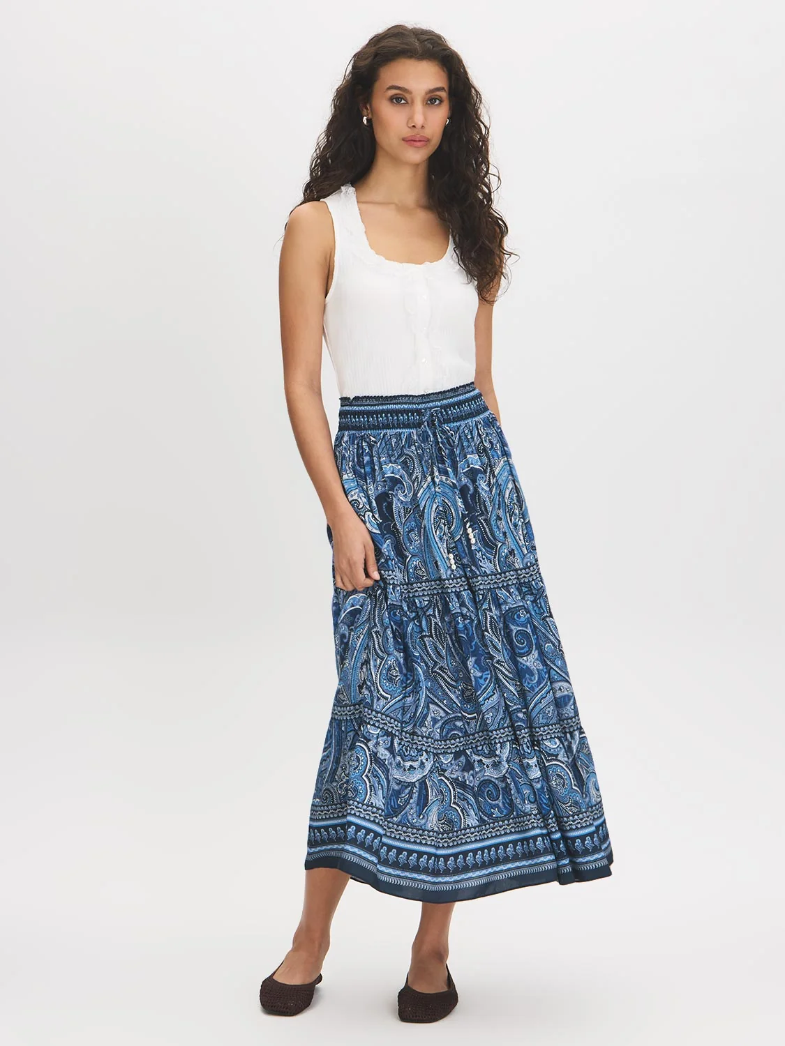 Paisley Print Tiered Maxi Skirt