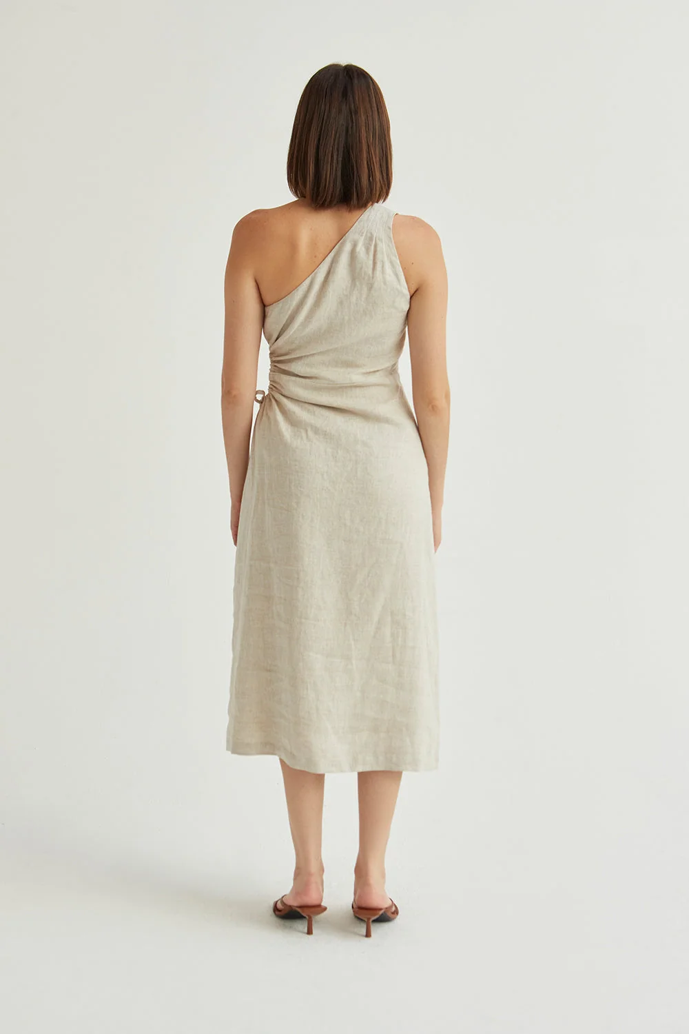One Shoulder Midi Dress with Side Cutout in Linen
