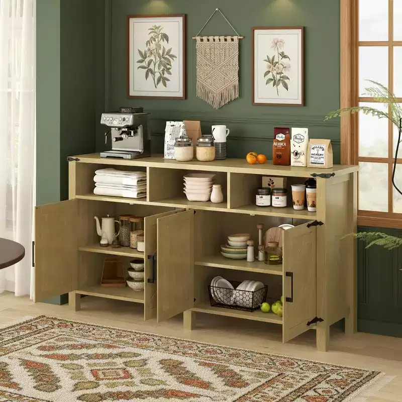 Merax 4-Door Modern Farmhouse Sideboard Buffet with USB Charging Ports & Adjustable Shelves