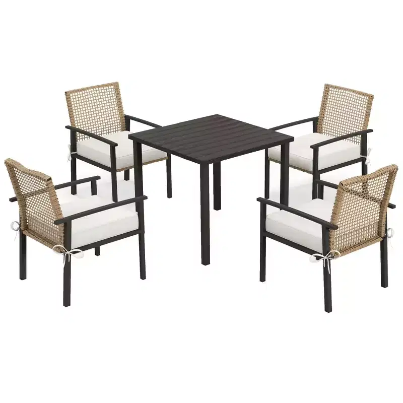 5 Pieces Outdoor Dining Set for 4, Wicker Rattan Patio Furniture Set, Patio Table and Chairs Set with Cushions, Square Metal Table Top