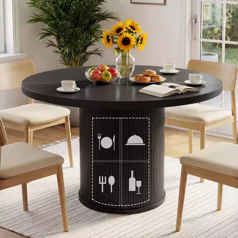 Dyonery 35 circular four-person dining table, a modern type with double-layer storage space and sliding doors