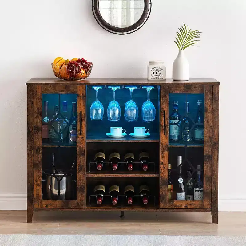 Wine Bar Cabinet with LED Light and Detachable Rack, Wine Cabinet with Mesh Door, Liquor Cabinet with Glass Holder, Coffee Bar for Liquor