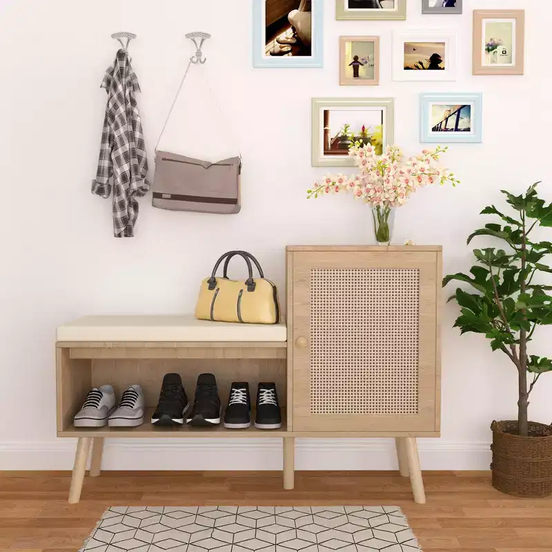 2-in-1 Shoe Storage Bench, PP Rattan Shoe Cabinet with 2 Adjustable Shelves and Removable Seat Cushion,Shoe Storage Organizer