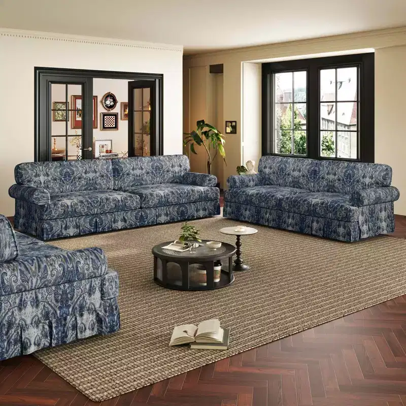 93.7 Luxuriously Comfortable 4 Seater Cloud Couch, Chenille Fabric Sofa with Rolled Arms & Pleated Skirt Blue Floral