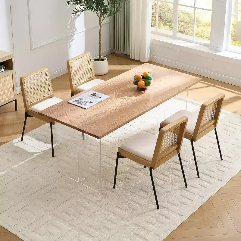 GDFStudio Becher Mid-Century Modern Rubber Wood and Linen Upholstered Dining Chair with Rattan Backrest (Set of 2)