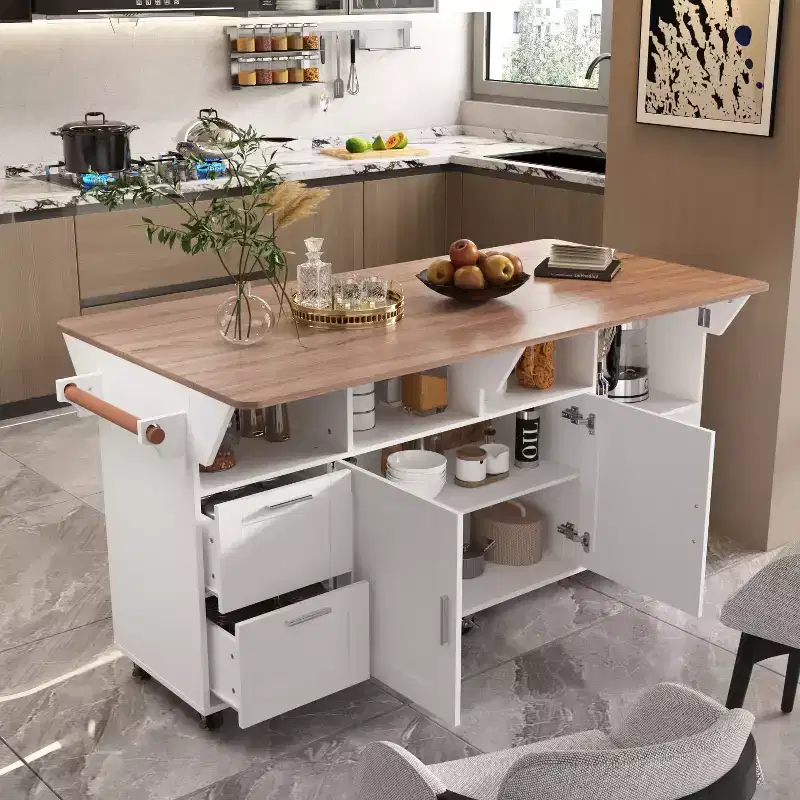 Famapy Multifunctional Mobile Kitchen Island Sideboard Kitchen Table: Foldable Countertop & Multiple Storage Spaces