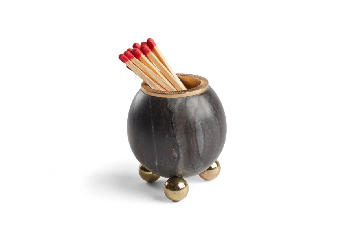 Luxe Marble Match Holder with Brass Ball Feet & Rimmed Edge for Living Room & Dining Room