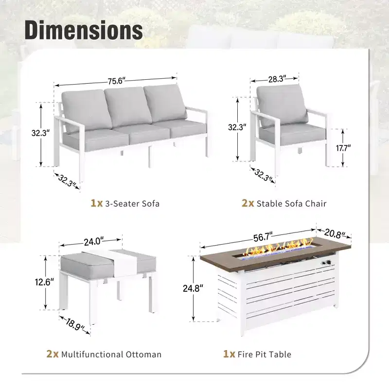 Captiva Designs 6pc Aluminum Outdoor Patio Fire Pit Set with Ottoman