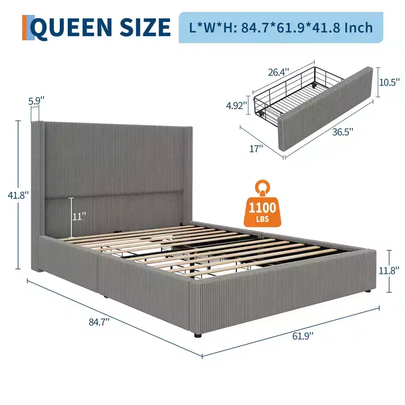 Gray Corduroy Upholstered Platform Bed Frame with Storage Drawers, Tufted Headboard & Footboard – Queen/King