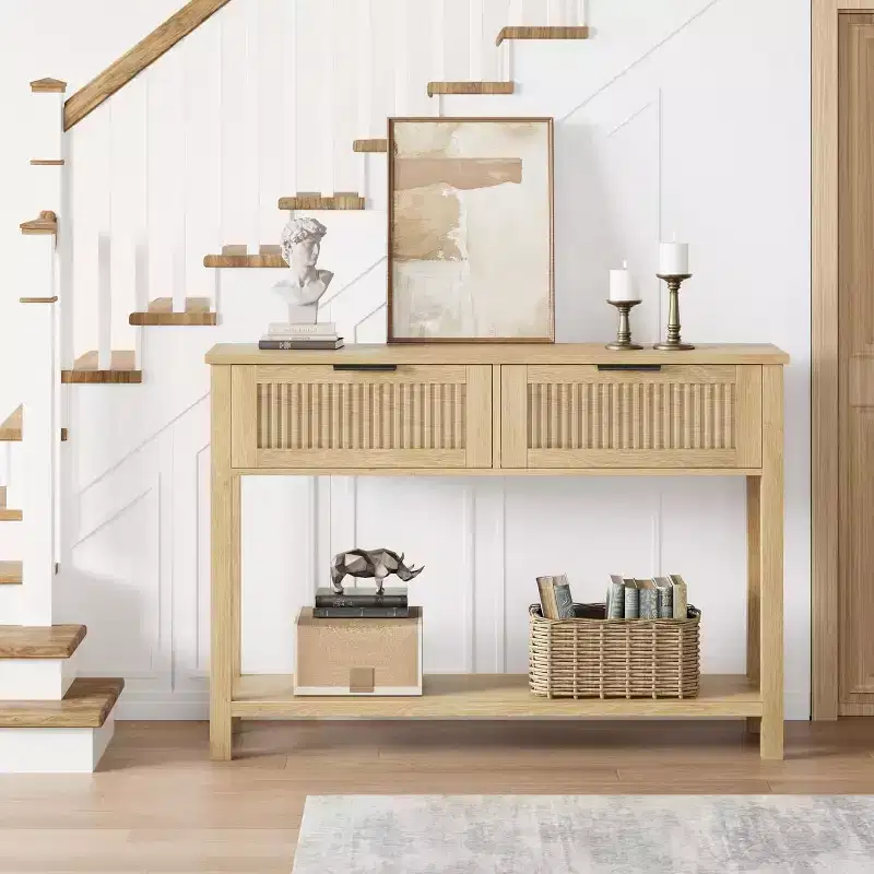 Modern Fluted Console Table with 2 Drawers Narrow Entryway Sofa Table with Storage Shelf for Living Room, Hallway, Foyer Burlywood