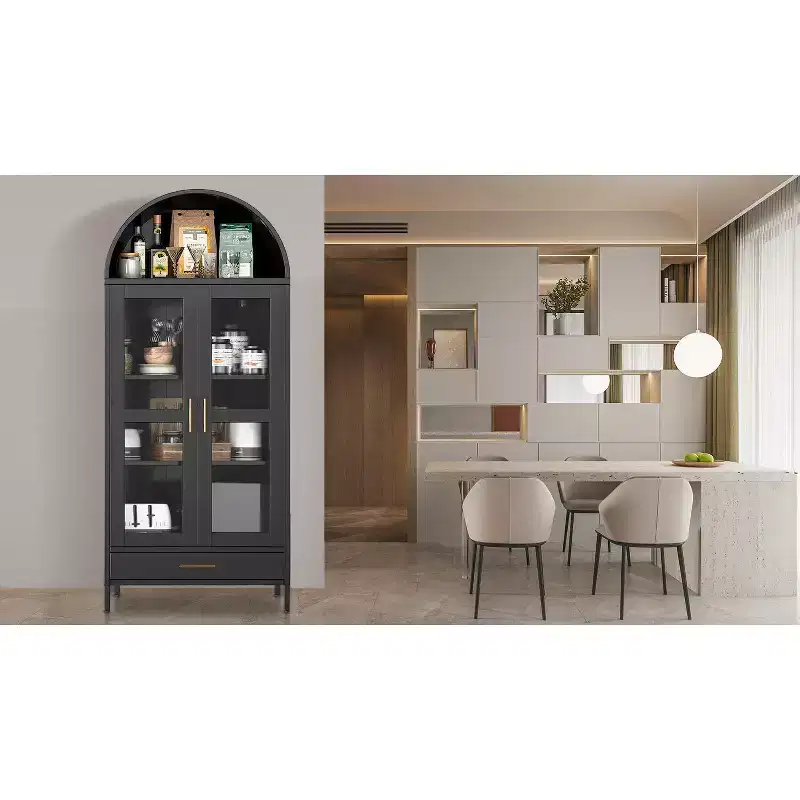 COZONY 73 Arched Metal Storage Cabinet w/Glass Doors and Drawers, Tall Pantry Display Cabinet w/Adjustable Shelves