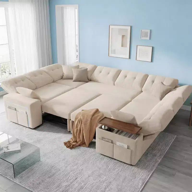 Dyonery 112 Modular Convertible Sectional Sleeper Sofa with Pull Out Bed,Linen Convertible Couch with Storage Seat,Sectional Couches for Living Room