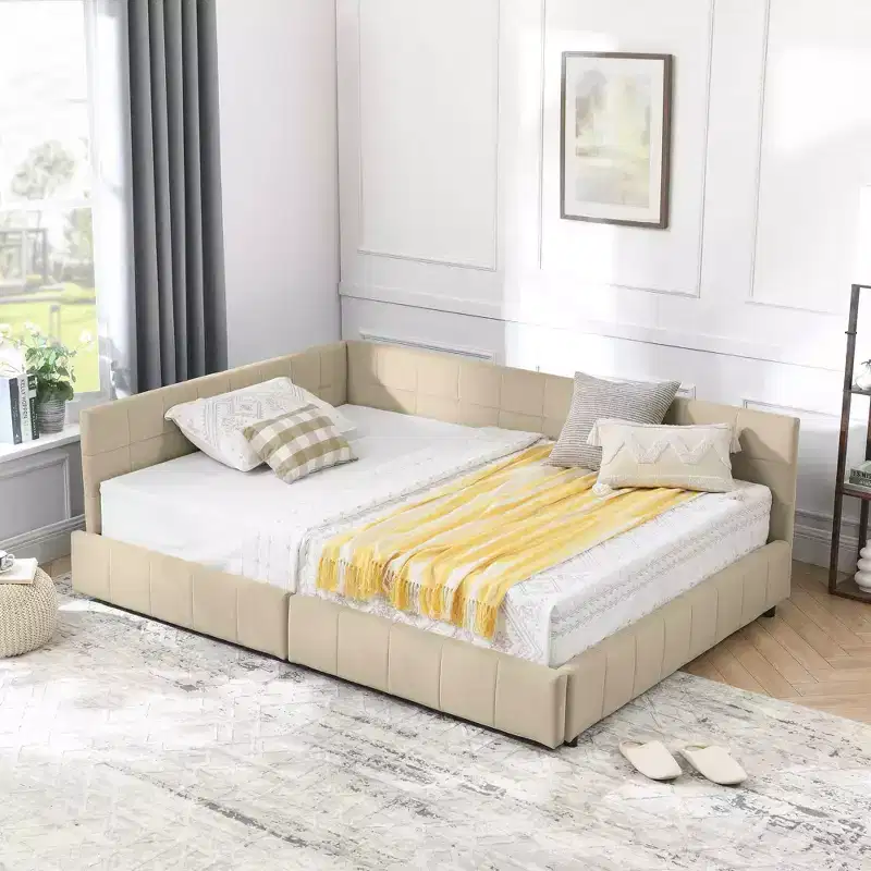 MAYEERTY Full Size Storage Upholstered Tufted Bed Frame with Backrest and Armrests for Bedroom Living Room Dark Beige