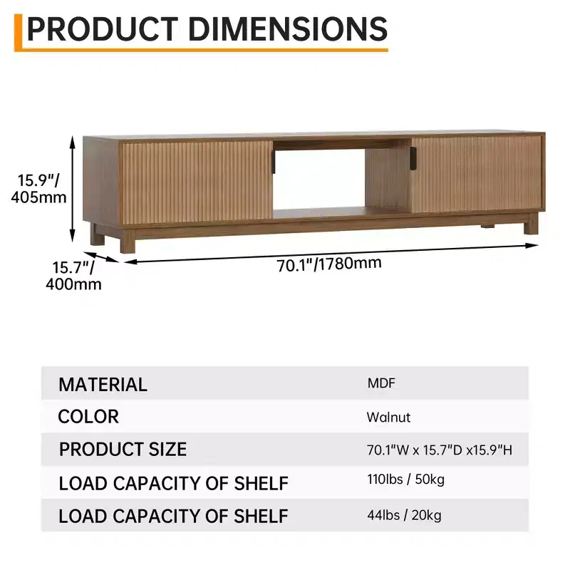 CuisinSmart Fluted Under TV Cabinet, Mid Century Modern TV Stand with Open-Shelf Storage, Wooden TV Stands for Living Room Apartment, Walnut