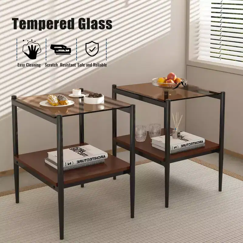 MAYEERTY Set of 2 Rectangle End Table with Tempered Glass Tabletop, for Living Room, Brown Glass