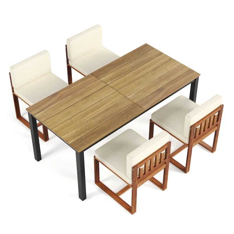 5 Piece Acacia Wood Patio Dining Set with 70 Inch Table and 4 Chairs in Teak Beige Finish with Iron Legs Outdoor Furniture