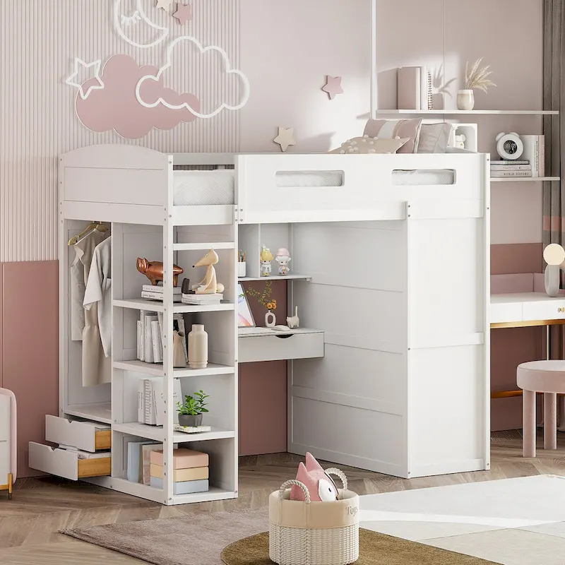 Loft Bed with Desk, Wardrobes, 4 Drawers and 4 Shelves