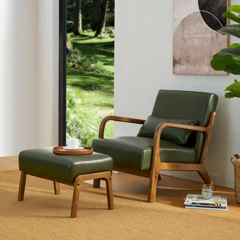Glitzhome 30.75H Mid-Century Modern PU Leather Armchair Accent Chair with Pillow - 25.75W x 33.75D x 30.75H