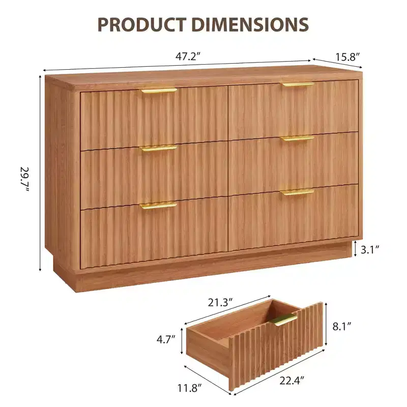 6 Drawer Dresser for Bedroom, 47 Fluted Chest of Drawers for Bedroom, Compact Wood Dresser with Golden Metal Handles for Living Room