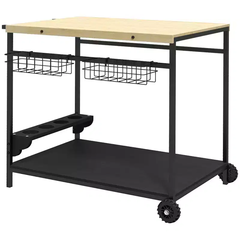 NAYSAYE Outdoor Bar Cart Rolling Serving Cart with Wheels Side Handle Baskets and Wine Holders, Natural Wood, 38.4*25.6*31.9