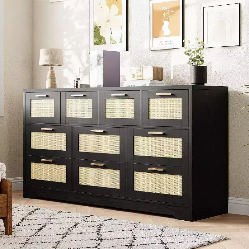 Acekool Rattan 10 Drawer Dresser, 59 Wide Modern Farmhouse Chest, Storage Organizer with Anti-Tip for Bedroom, Living Room, Entryway, Hallway