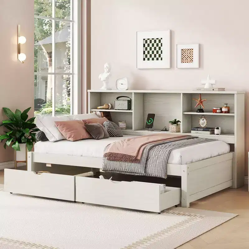 Twin Size Bed Frame With Side Bookshelves, Two Drawers, And Built-in USB Port For Creamy White Color