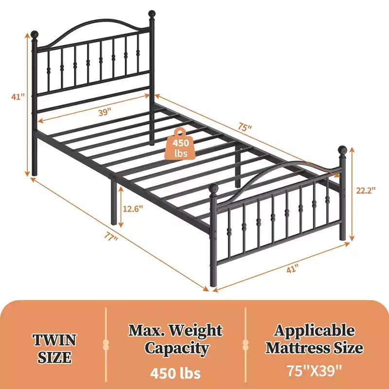 Acekool Adult Metal Platform Bed Frame Vintage Circular Headboard Footboard Noise Reducing Black