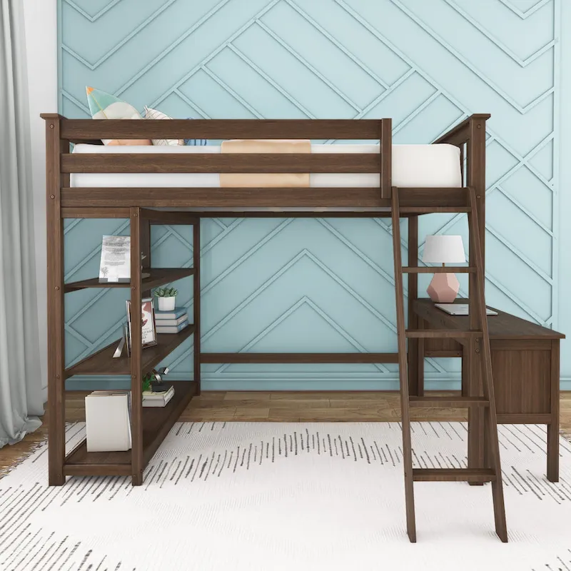Full Size High Loft Bed with Bookcase and Desk – Walnut / Pecan / Clay, 1-Person Use