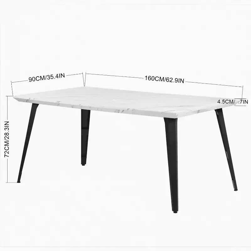 Dining Table for 4-6 Person with Faux Marble Print Tabletop and Metal Steel Legs, White