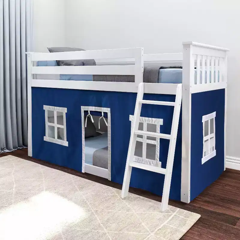 Pine Wood Twin over Twin Low Bunk Bed with Cotton Curtains 50