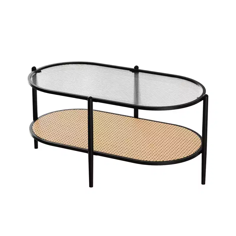 37 Rattan Oval Coffee Table, 2-Tier Storage Shelf and Metal Frame, Water-Wave Glass Table top Cocktail Tea Table, Farmhouse Center Tables