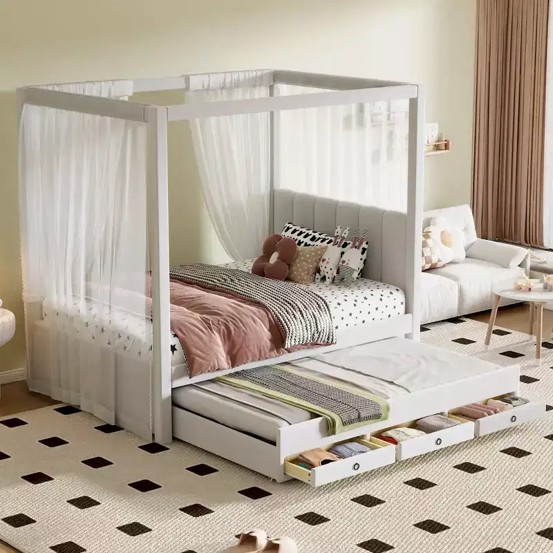 Twin/Full Size Upholstery Canopy Platform Bed with Trundle and 3 Storage Drawers-ModernLuxe