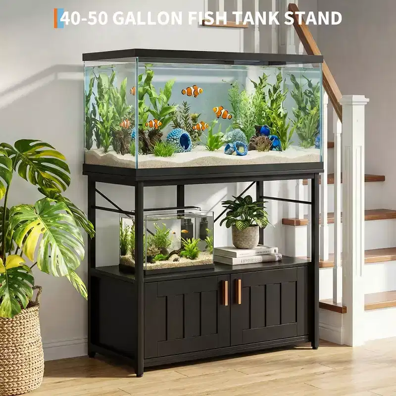 Heavy Duty Aquarium Stand for 40-50 Gallon Fish Tank - Metal & Wood Storage Cabinet, Supports 660lbs - Space for Accessories - Stylish Home Organizer