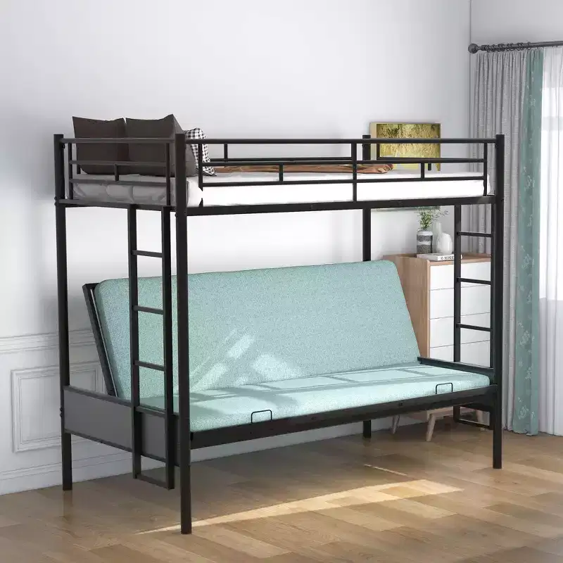 Letto a Castello in Metallo Singolo su Piazza e Mezza con Letto Inferiore Regolabile, Multifunzione - Nero
